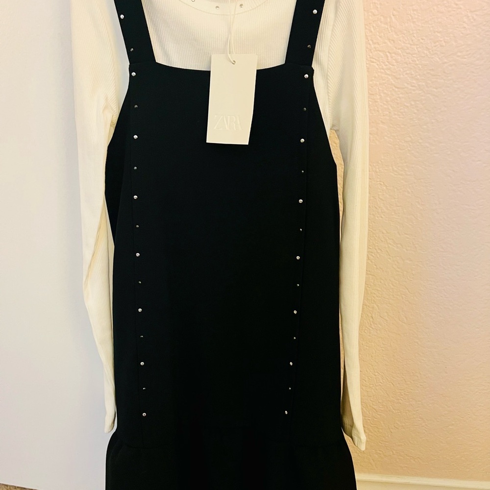 Zara Kids Black Studded Dress with White Long Sleeve NWT